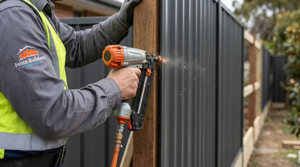 A close-up of a construction worker using a nail gun for fence installation Lower Hutt on a residential property.