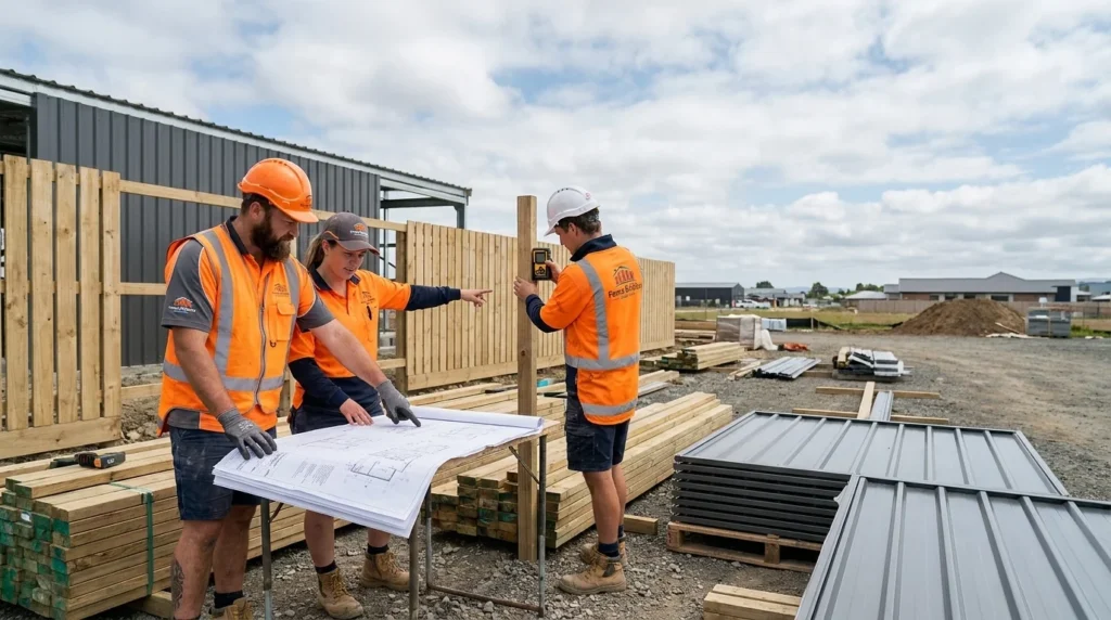 Three fence builders Lower Hutt workers wearing hard hats and high-vis safety gear reviewing architectural blueprints on site.