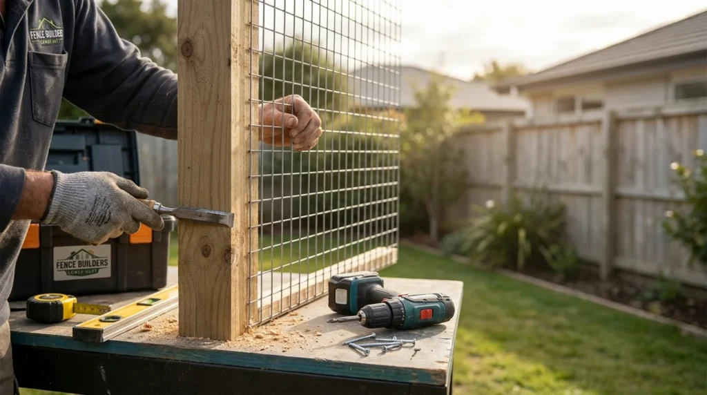 A close-up view of a professional using a chisel to repair a wooden and wire mesh fence component in Lower Hutt.