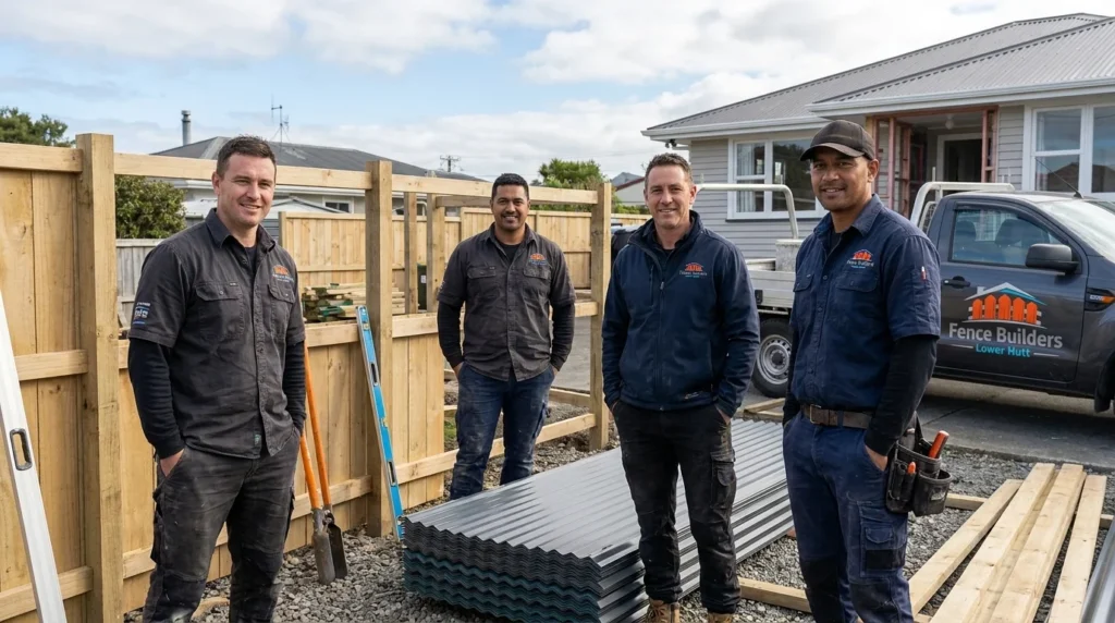 Four professional fence builders Lower Hutt specialists posing proudly on a residential fencing project site.